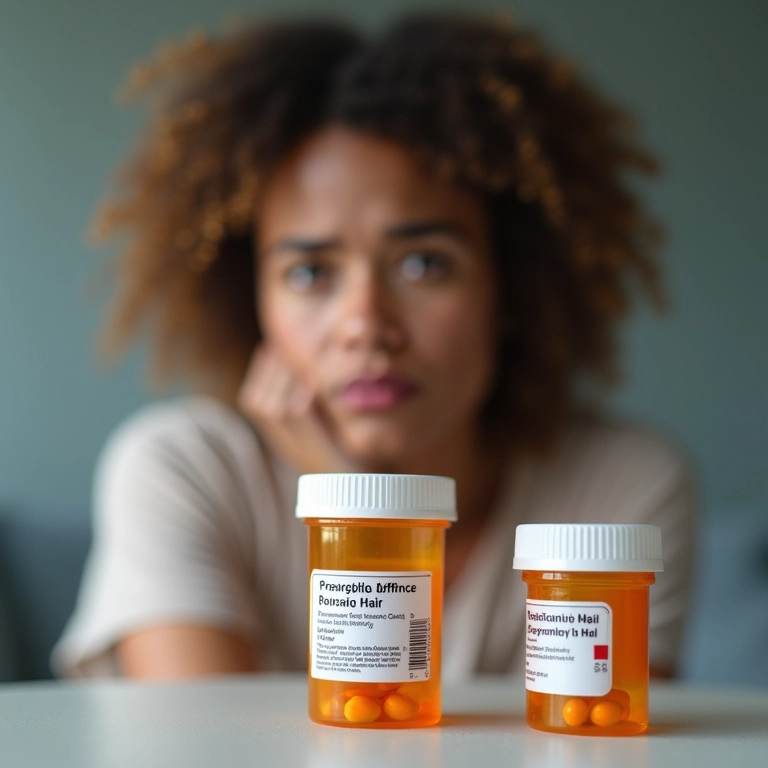 Frascos de medicamentos prescritos e a preocupação com a queda de cabelo como efeito colateral.