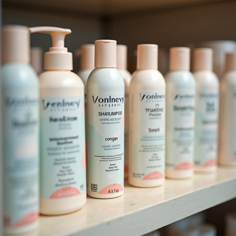 Frascos de shampoo e condicionador para diferentes tipos de cabelo em prateleira.