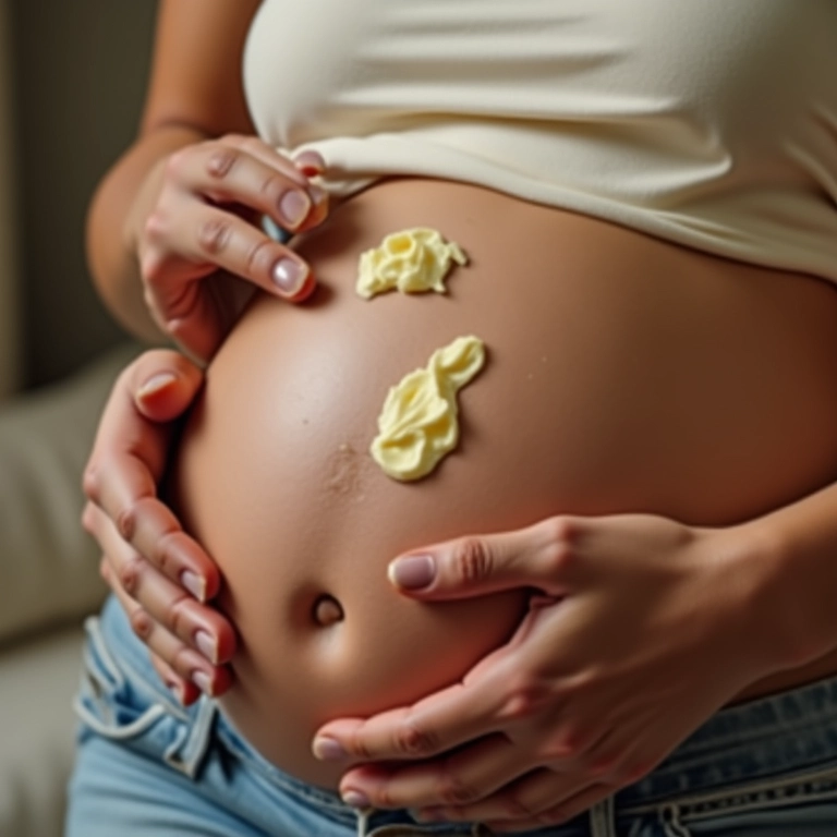 Gestante aplicando manteiga de karité na barriga para prevenção de estrias.