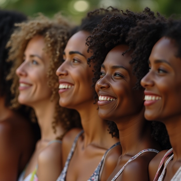 Grupo de mulheres com diferentes tipos de cabelo se beneficiando do detox capilar.