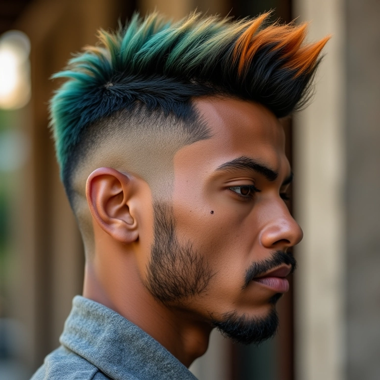 Homem brasileiro estiloso com faux hawk moderno e vibrante.
