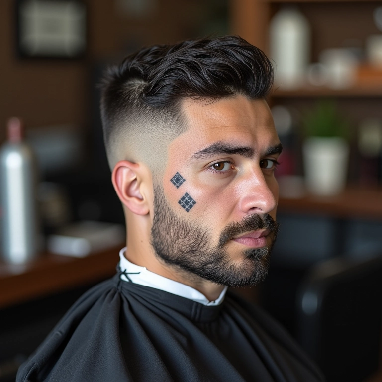Homem com undercut e desenhos geométricos exibindo o corte em barbearia.