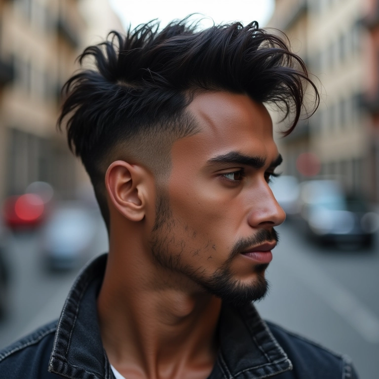 Homem modelando penteado com cera capilar em cenário urbano.