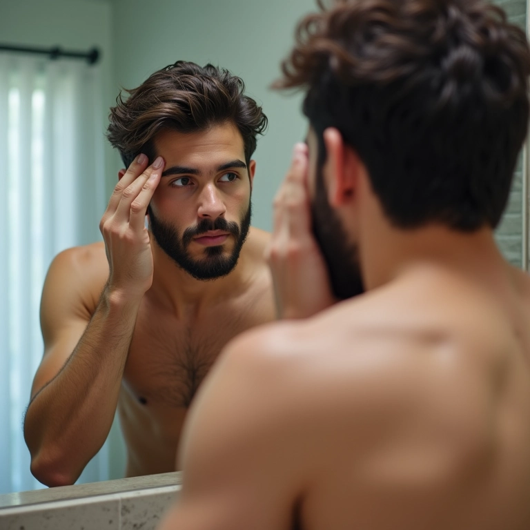 Homem usando pomada modeladora no banheiro.