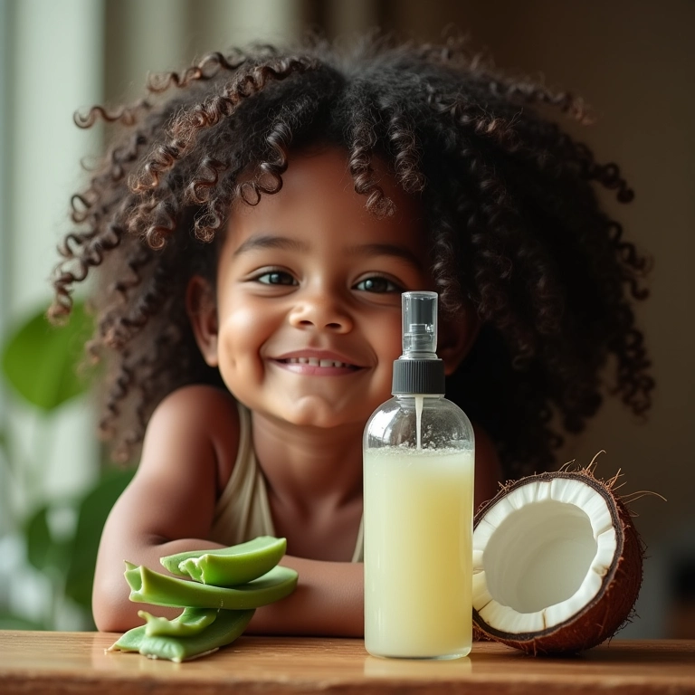 Ingredientes caseiros para leave-in ao lado de cabelo cacheado.