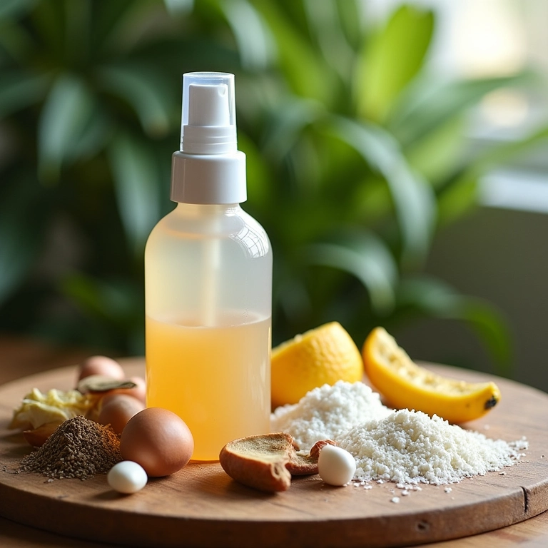 Ingredientes para spray de brilho caseiro em mesa de madeira.
