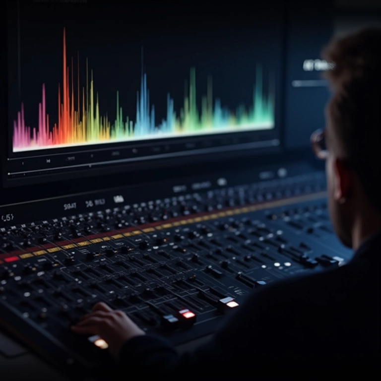 Interface de mixagem e masterização com análise detalhada do espectro de frequências.