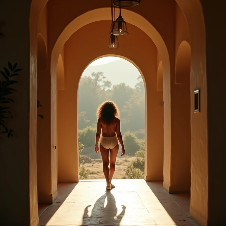 Interior de casa com arcos em portas e janelas. Luz natural e mulher cacheada caminhando.