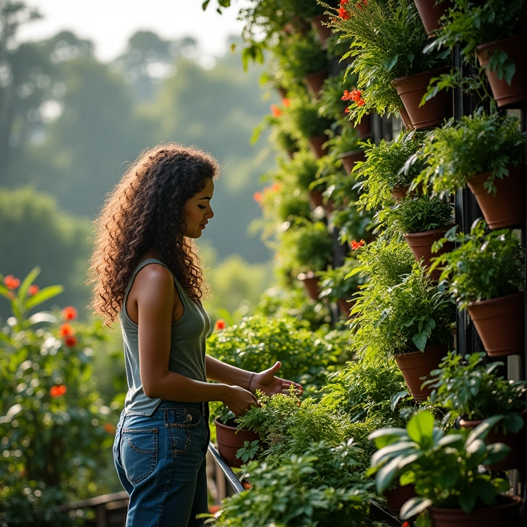 Jardim vertical com estruturas curvas em varanda. Mulher cacheada cuidando das plantas.