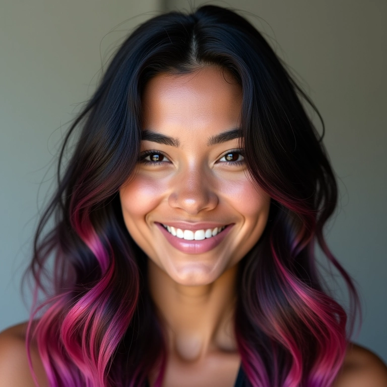 Jovem com cabelo preto e reflexos rosa.