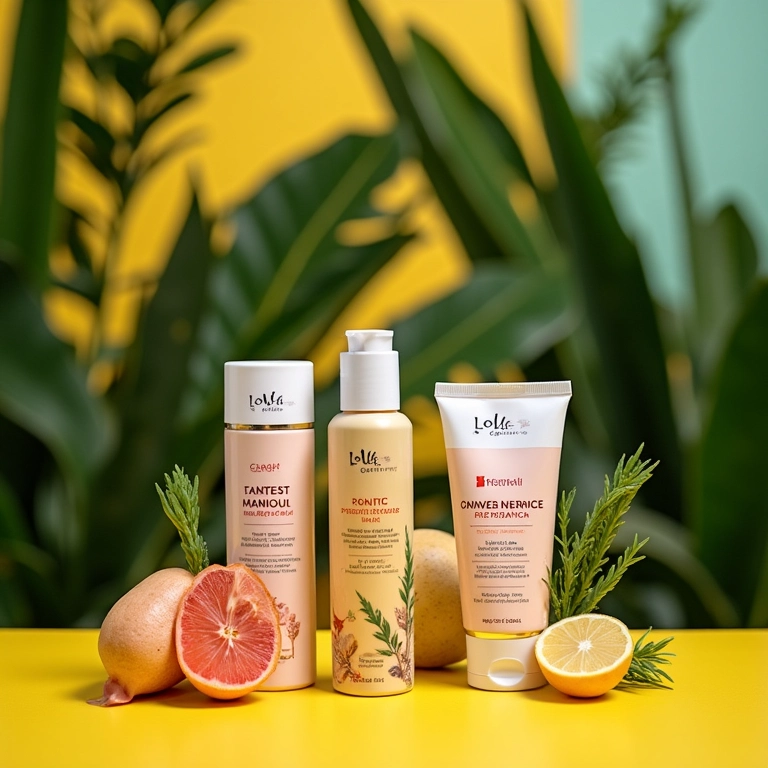 Kit capilar Lola Cosmetics exibido em cenário vibrante brasileiro.
