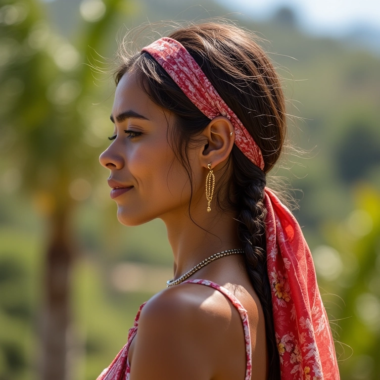 Lenço como acessório de cabelo em mulher brasileira.