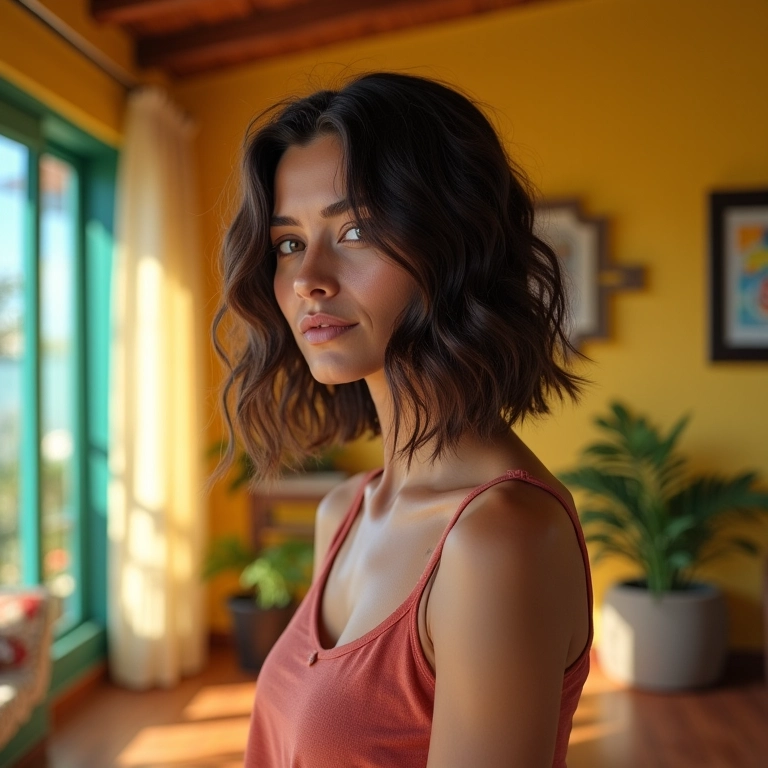 Long Bob Assimétrico: Corte moderno e elegante em mulher com cabelo ondulado.