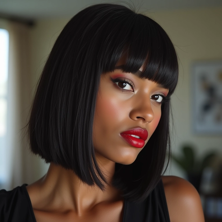 Long bob assimétrico em mulher moderna em loft de São Paulo.