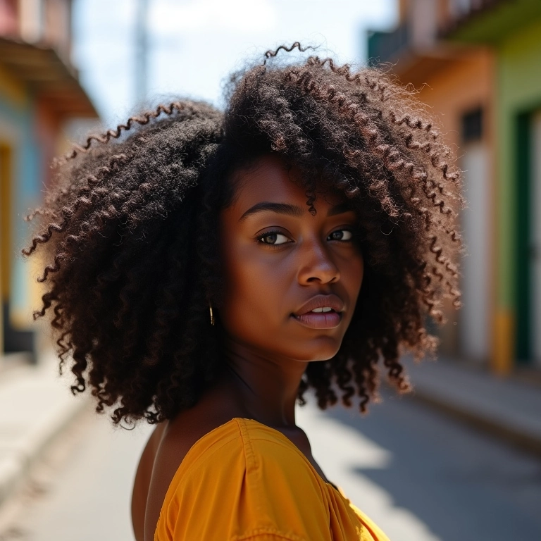 Long bob cacheado em mulher negra com cachos definidos em Salvador.