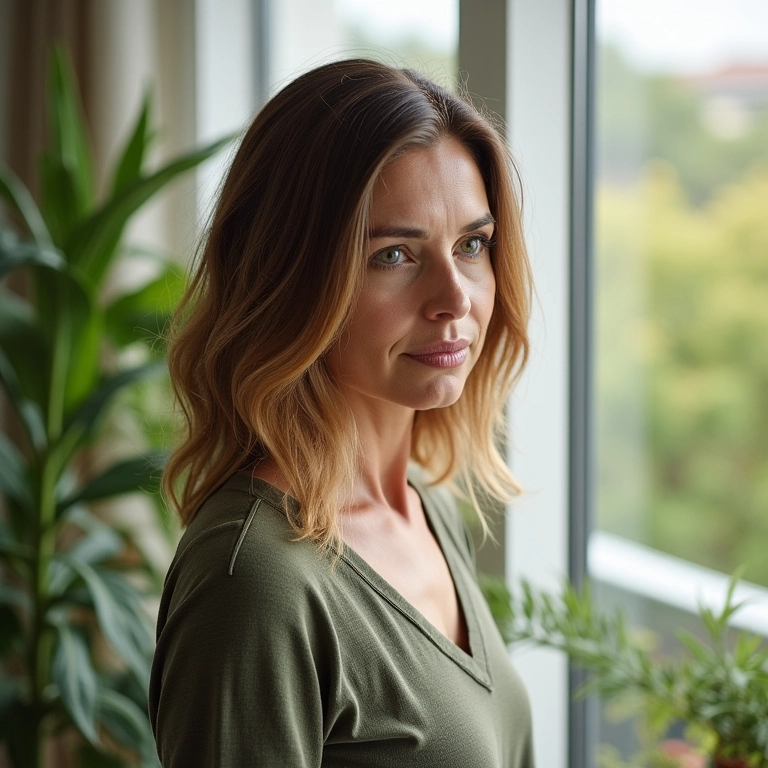 Long bob com camadas e volume em mulher madura em apartamento iluminado.