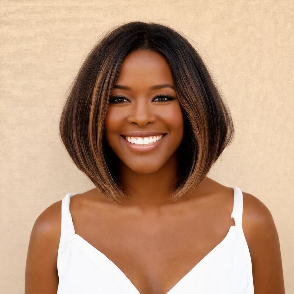 Long bob com camadas para rosto redondo, sorriso suave.