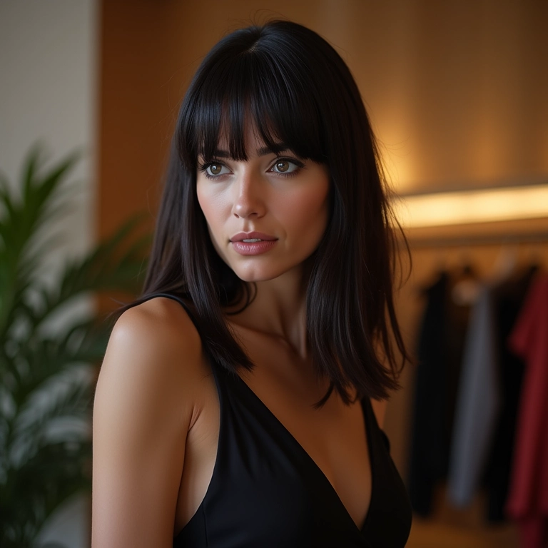 Long bob com franja lateral em mulher sofisticada em boutique do Rio.