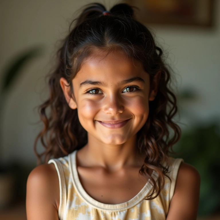 Mãe brasileira sorrindo enquanto mostra um álbum de fotos com diversos penteados infantis simples.