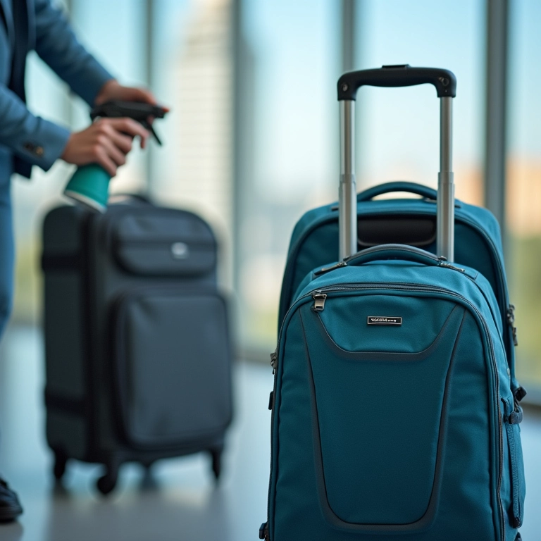 Malas e mochilas sendo protegidas com spray protetor.