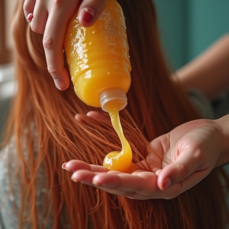 Mão aplicando condicionador acidificante em mechas de cabelo.