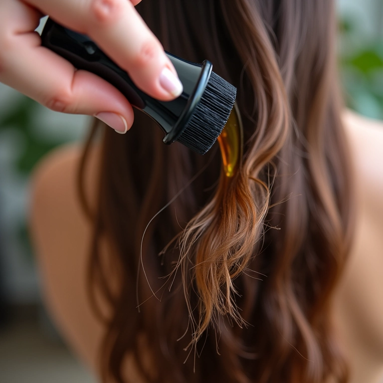 Mão aplicando óleo finalizador em cabelo grosso ressecado.