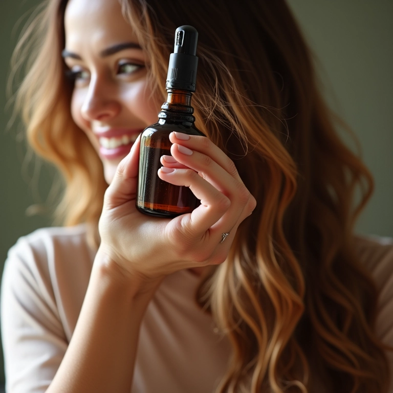 Mão aplicando sérum no cabelo com brilho, frasco do Elseve Glycolic Gloss visível.