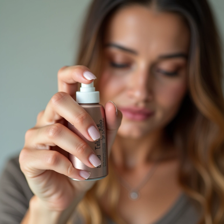 Mão aplicando spray texturizador com indicação do nível de fixação.
