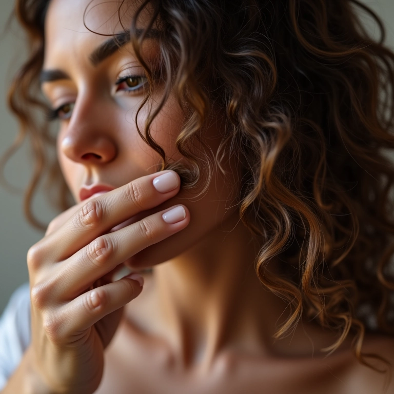 Mão de mulher aplicando sérum para controlar o frizz em cabelos cacheados.