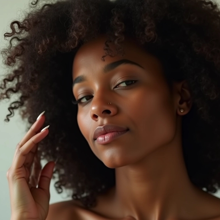 Mão de mulher brasileira tocando a textura do cabelo.
