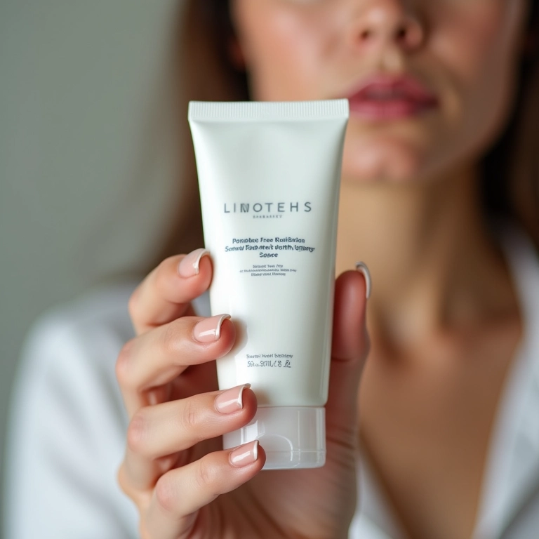 Mão de mulher lendo rótulo de produto de skincare.