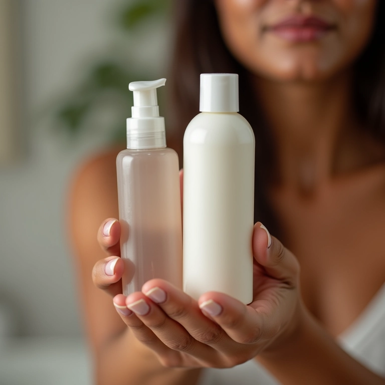 Mão de mulher segurando shampoo e condicionador para cabelos danificados.