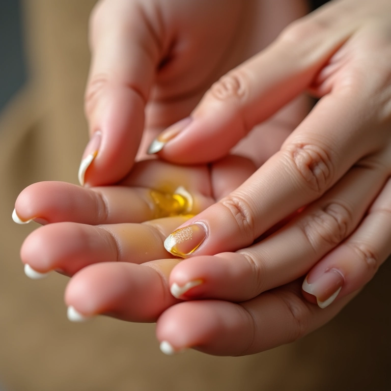 Mãos aplicando fortalecedor de unhas caseiro com azeite.