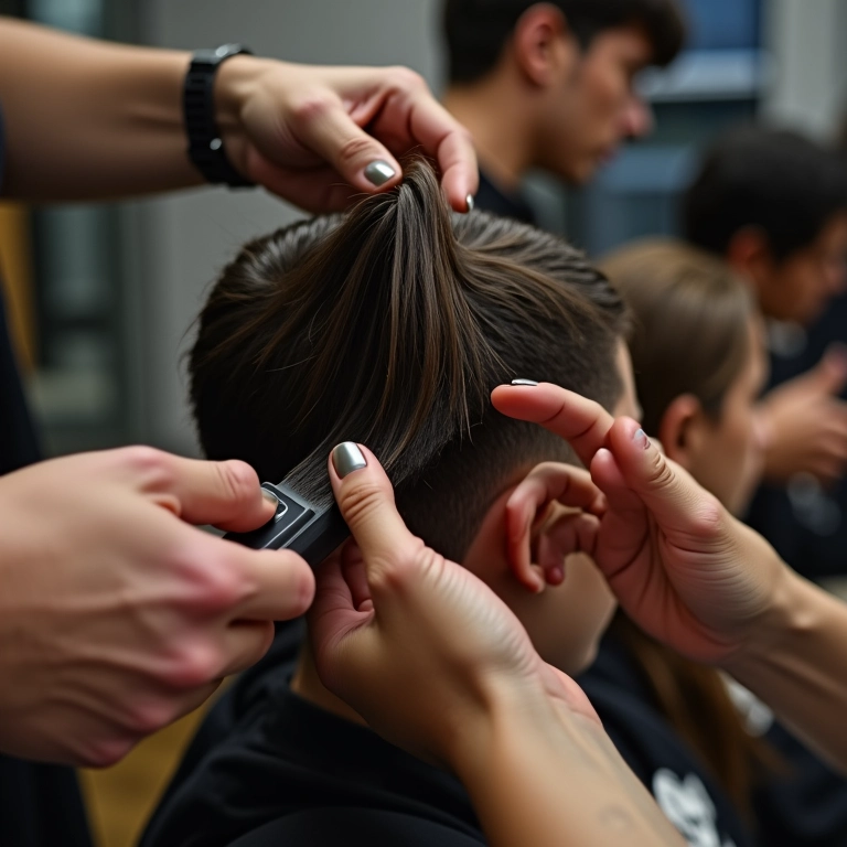 Mãos aplicando pomada modeladora em diferentes tipos de cabelo.