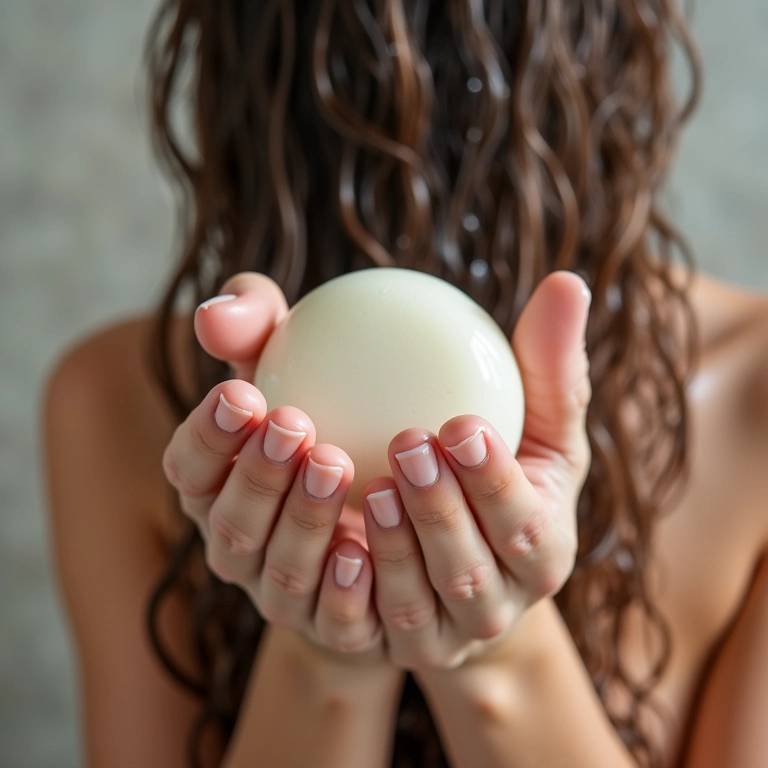 Mãos aplicando shampoo sólido no cabelo.