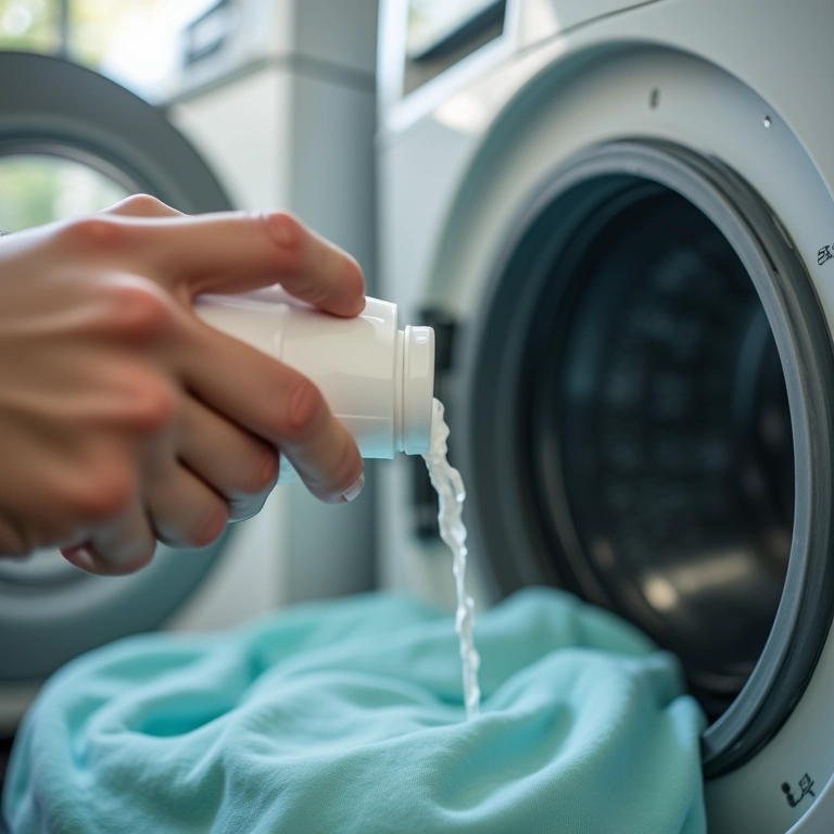 Mãos despejando detergente ecológico em máquina de lavar.