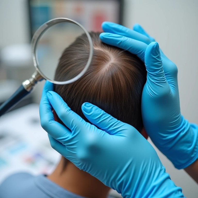 Mãos examinando couro cabeludo com lupa, mostrando doenças autoimunes que afetam o cabelo.