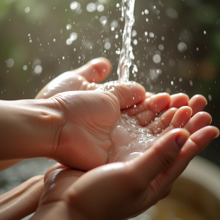 Mãos lavando cabelo com shampoo ecológico sob luz natural.