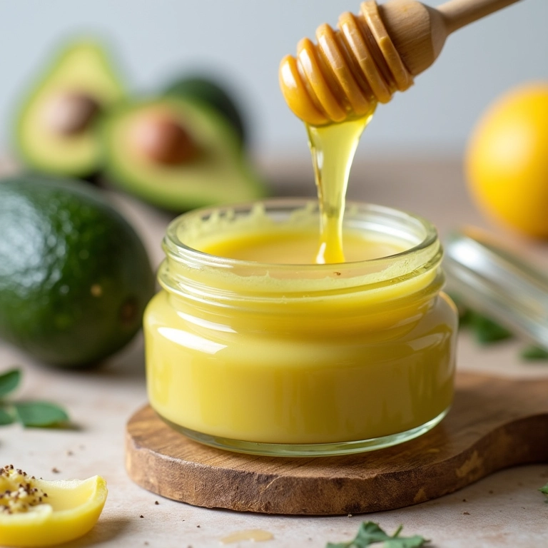 Máscara nutritiva caseira de abacate e mel sendo preparada.