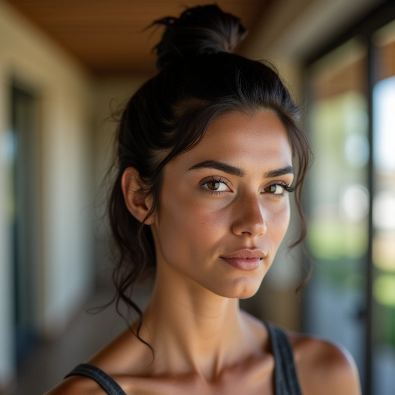 Meio coque (Half Bun) em mulher brasileira.