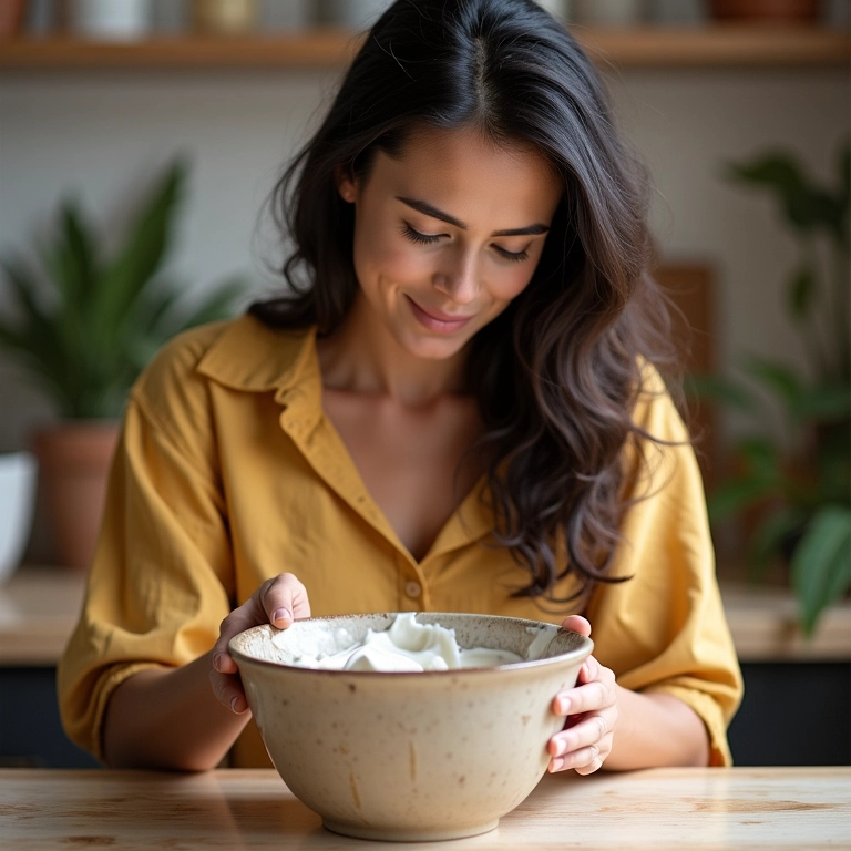 Mistura de iogurte natural e óleo de argan para hidratação capilar.