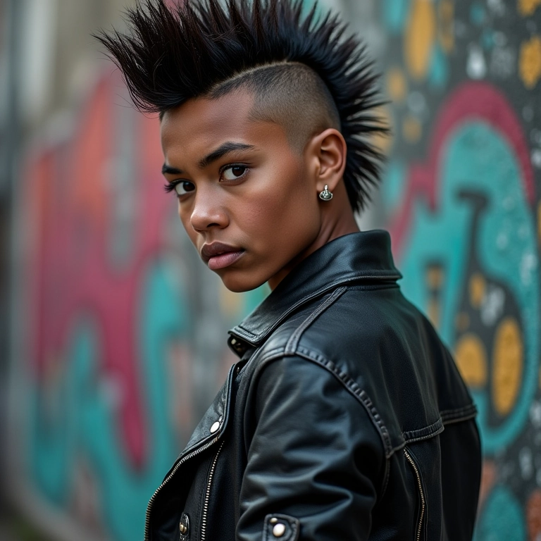 Mohawk clássico em estilo punk rock com jaqueta de couro.