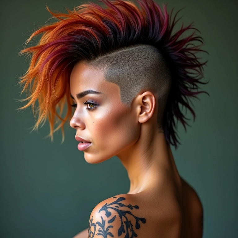 Mohawk feminino com desenhos nas laterais raspadas.