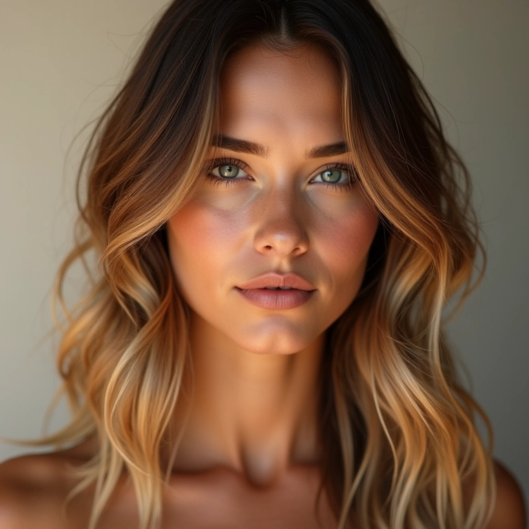 Morena iluminada com cabelo ombré sutil e efeito de luzes.