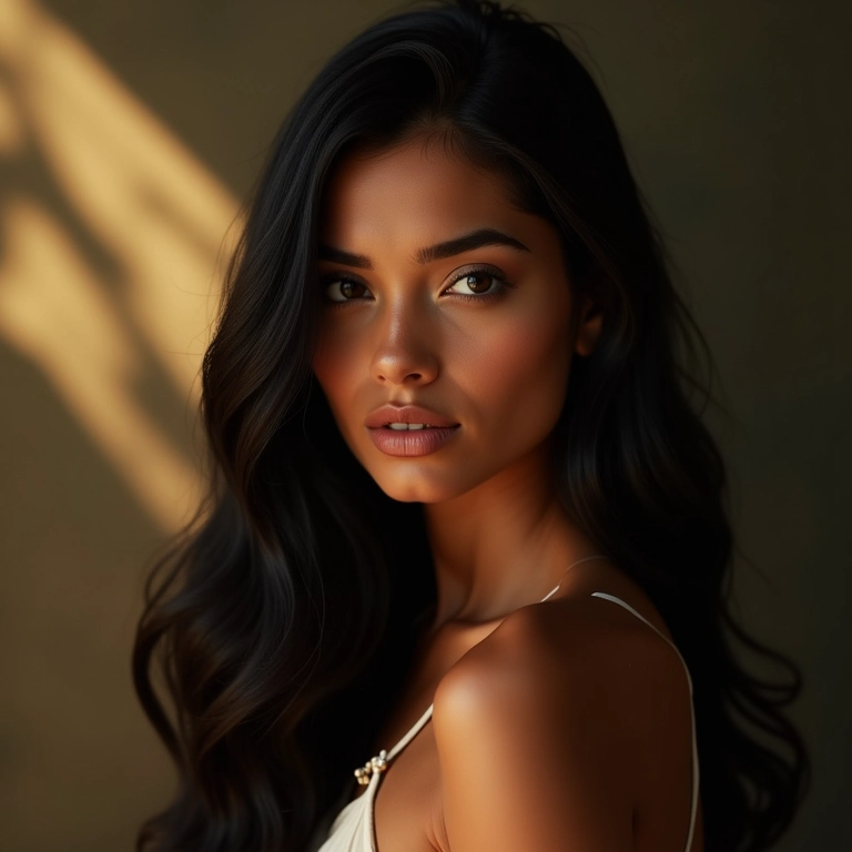 Morena iluminada com cabelo preto e decoração vibrante.