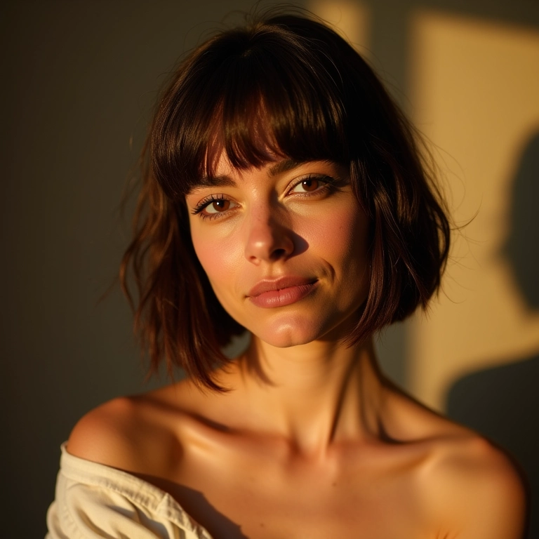Morena iluminada com corte bob curto, em ambiente acolhedor.