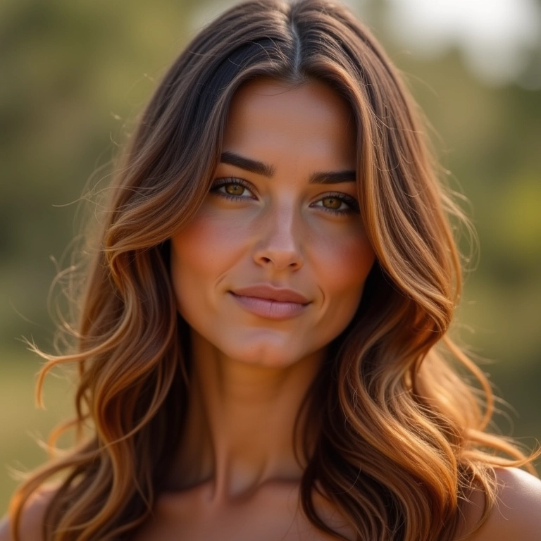 Morena iluminada com tons quentes, cabelo saudável.