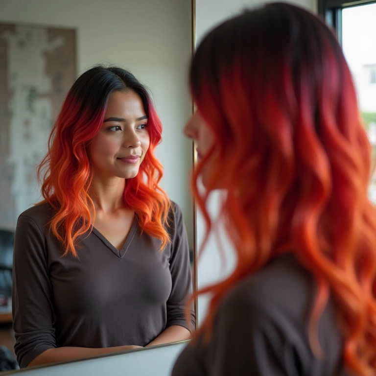 Mulher admirando reflexo de cabelo com tons sutis e vibrantes.