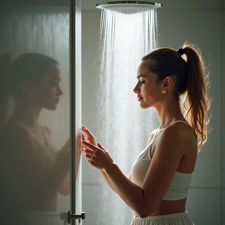 Mulher ajustando a temperatura da água do chuveiro em banheiro moderno.