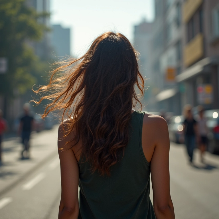 Mulher andando em cidade poluída com cabelo exposto